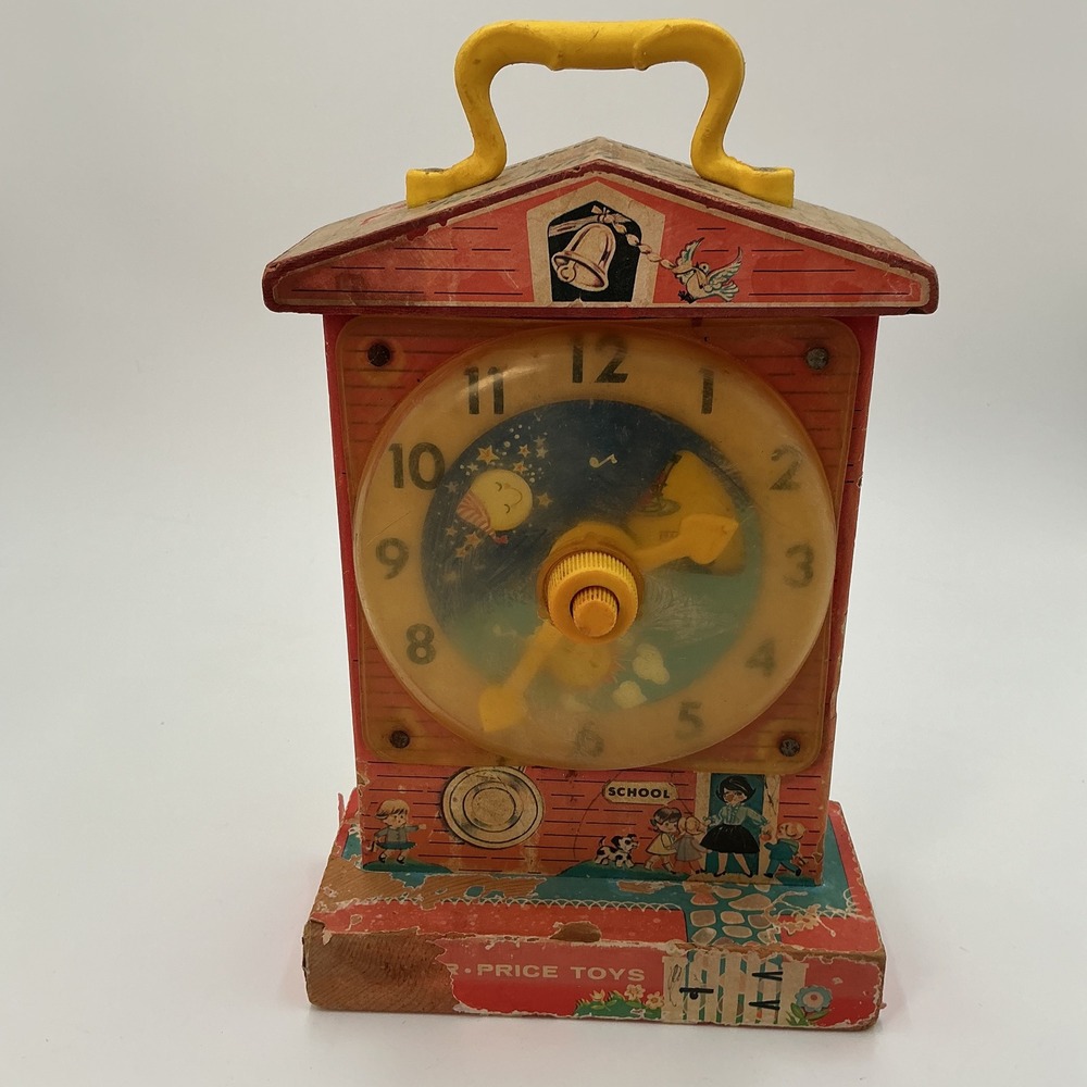 Vintage Fisher Price Music Box Teaching Clock Wood Wind Up Toy 1964 USA Works